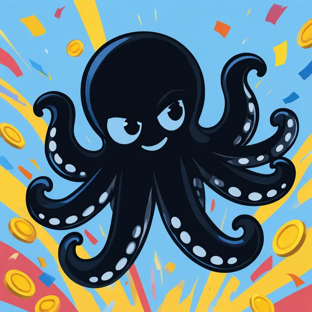 Octo mid-wiggle with confetti and gold coins flying around it