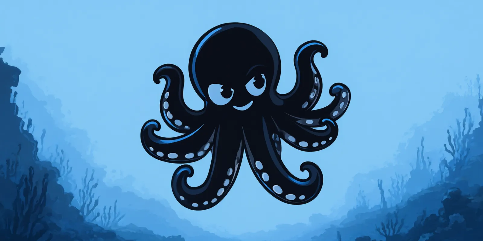 Octo floating in its sky-blue tank between soft blue reefs